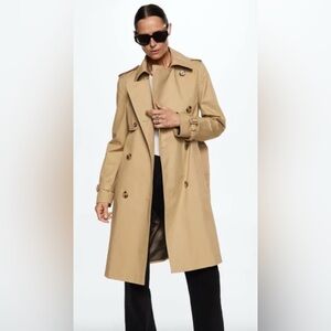 Mango Tan Trench Coat with Belted Waist and Tailored Silhouette
